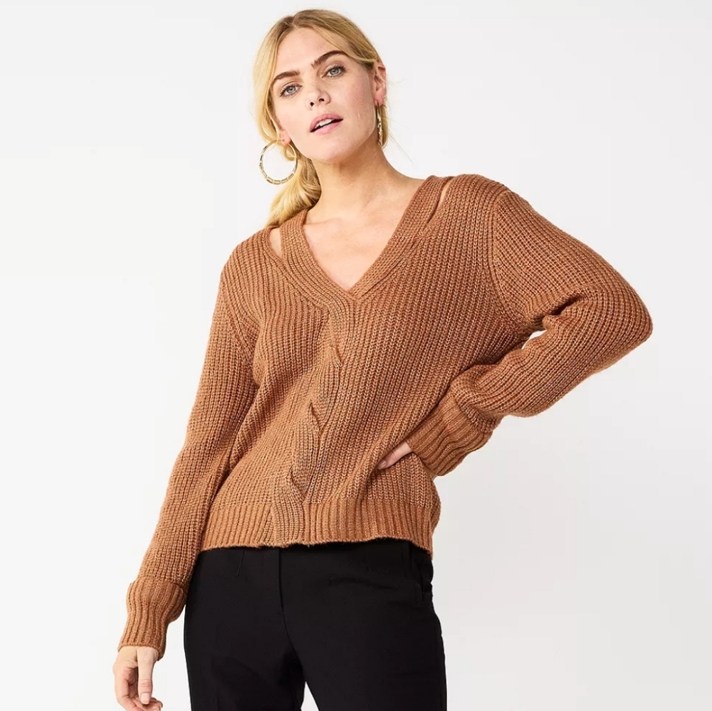 Nine West Twist Front Cut-Out Sweater Mocha Frosting Womens Size XL